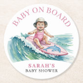 ボードに赤ちゃん 水彩サーフィンガール ベビーシャワー ラウンドペーパーコースター (正面)