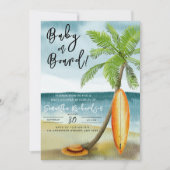 ボードに赤ちゃん 水彩サーフィン ビーチ ベイビーシャワー 招待状 (正面)