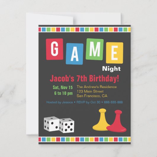 ボードゲームナイト キッズの誕生日パーティーの招待状 招待状 (正面)
