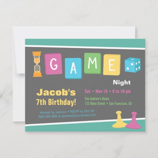 ボードゲームナイト 誕生日パーティーの招待状 招待状 (正面)
