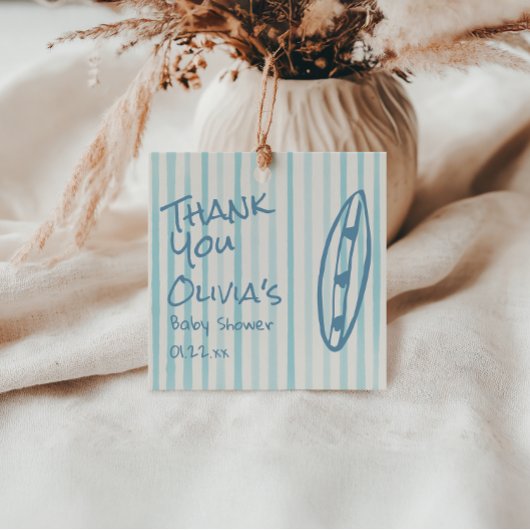 ボードベビーシャワー上のサーフハンド描画ブルーベビー フェイバータグ