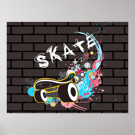 ボード付きレンガ壁スケート落書きロゴ ポスター (正面)