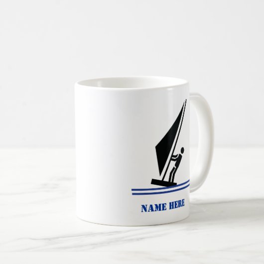 ボード黒青ウィンドサーフィンのウィンドサーファーカスタム コーヒーマグカップ (正面右)
