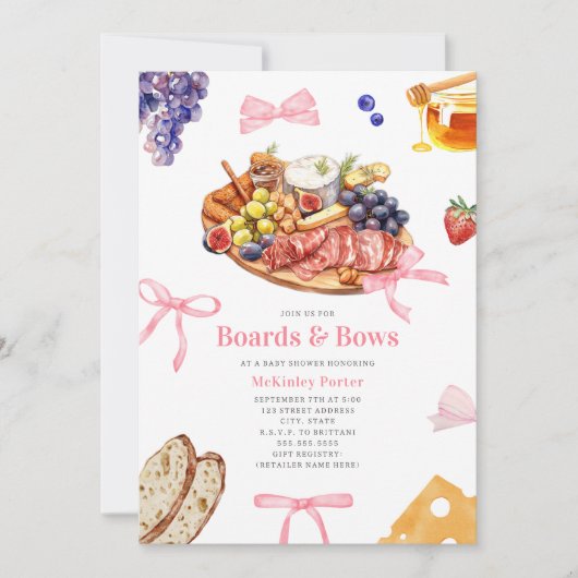 ボード&ボウシャルキュテリーピンクガール赤ちゃんシャワー 招待状 (正面)