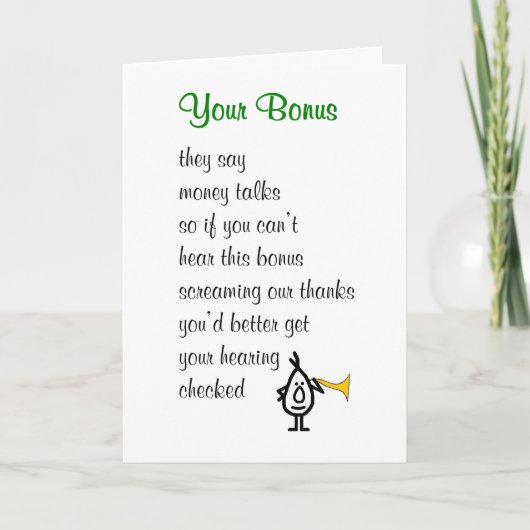 ボーナスについて - ボーナスに関するユーモアのある詩 サンキューカード (正面)