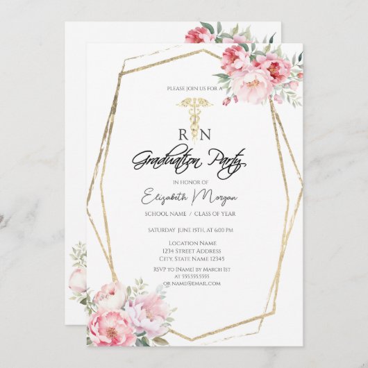 ボーバラ金ゴールドフレームRNナース卒業パーティー 招待状 (正面/裏面)