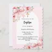 ボーピンク花模様アーチ金ゴールドクロスガールバプテスマ 招待状 (正面)