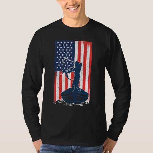 ボーフィッシングアメリカ国旗の魚の弓狩り Tシャツ (正面)