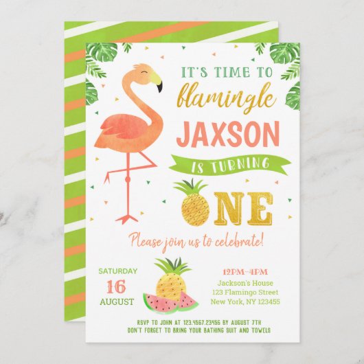 ボーフラミンゴルアウ(ハワイ式宴会)第1誕生日招待状 招待状 (正面/裏面)