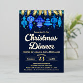 ボーブルクリスマスディナーウォーターカラーネイビーブルー 箔招待状 (立ち正面)