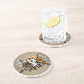 ボーヘミアンチックな水彩画のひまわりとフェザーが飾られたカウスカル コースター (側面)