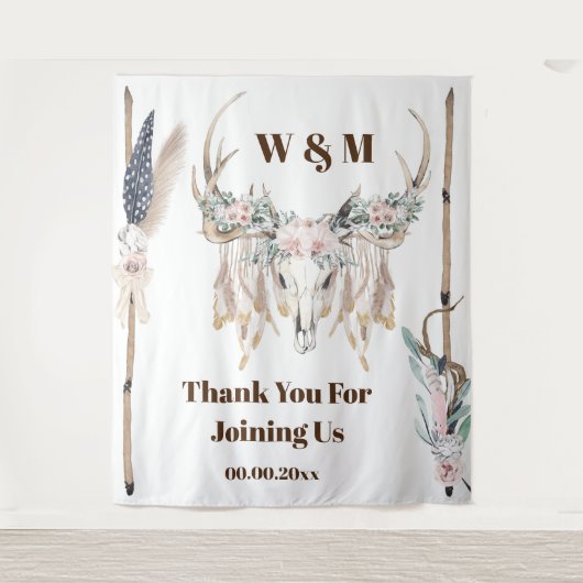 ボーホな鹿の角 ローズフェザー ウッド ルスティック インド タペストリー (正面)