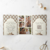 ボーホアイボリー ベージュ イカット フォト コラージュ インドの結婚式 三つ折り招待状 (内部)