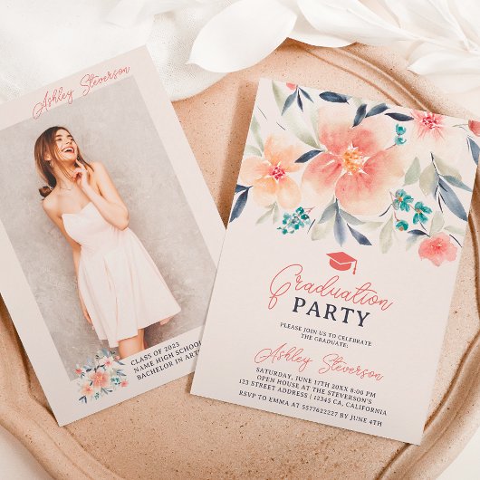 ボーホアース調フローラ水彩写真卒業 招待状