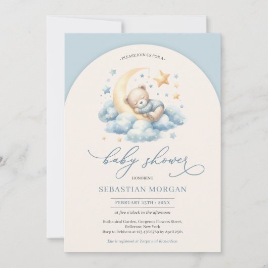 ボーホアーチウォーターの色テディベア月の男の子の上 招待状 (正面)