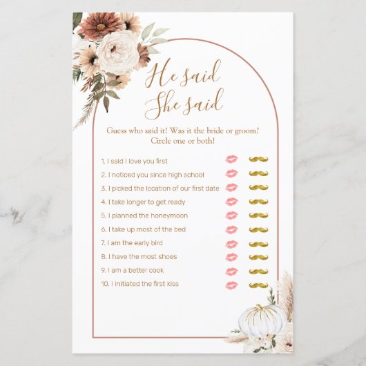 ボーホアーチホワイトカボチャ彼は彼女はゲームカードと言った (正面)