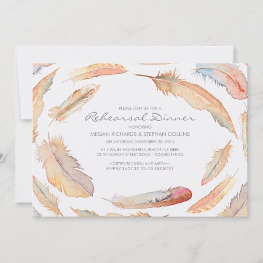 ボーホウォーターの色の羽のトライバルリハーサルの夕食 招待状 (正面)