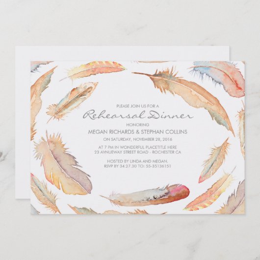 ボーホウォーターの色の羽のトライバルリハーサルの夕食 招待状 (正面/裏面)