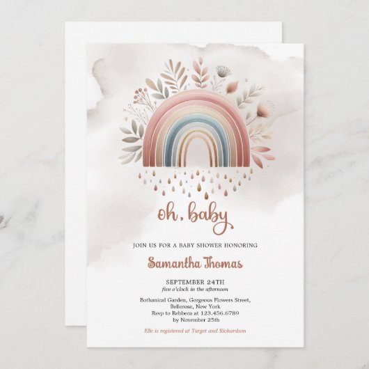 ボーホウォーターカラーパステルカラーレインボーフローラガール 招待状 (正面/裏面)