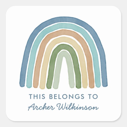 ボーホウォーターカラーレインボーネームスクールラベルブルー スクエアシール (正面)