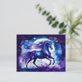 ボーホウォーター威厳のあるカラーブルーユニコーンUnicorn Under Starry ポストカード (スタンド正面)