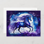 ボーホウォーター威厳のあるカラーブルーユニコーンUnicorn Under Starry ポストカード (正面/裏面)