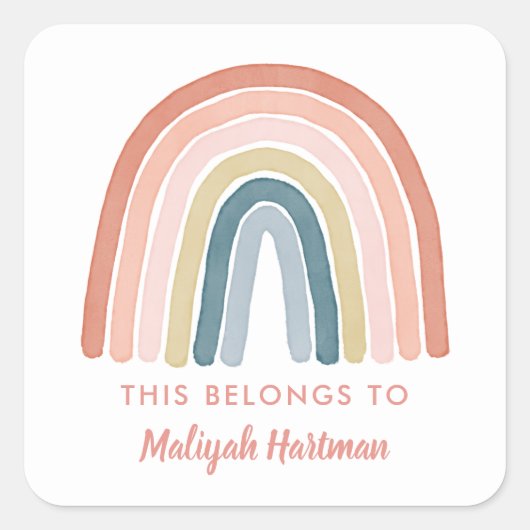 ボーホウォーター色レインボーネームスクールラベルサンゴ スクエアシール (正面)