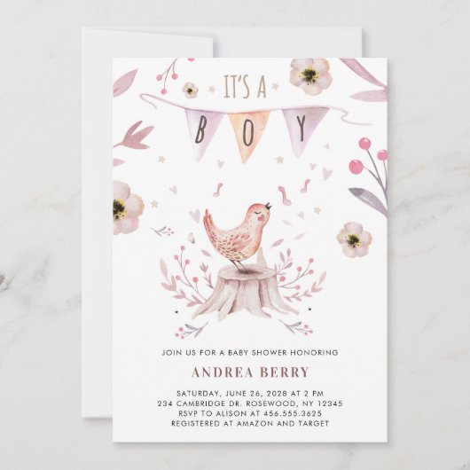 ボーホウッドランド森林鳥の赤ちゃんシャワー 招待状 (正面)
