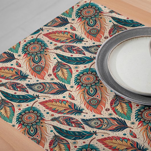 ボーホエスニックテーブルランナーの羽素朴羽 ロングテーブルランナー