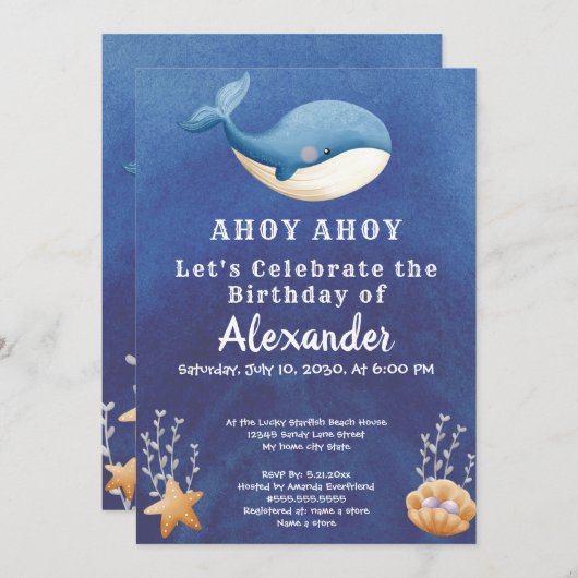 ボーホエールシーボーイ誕生日パーティーの下 招待状 (正面/裏面)