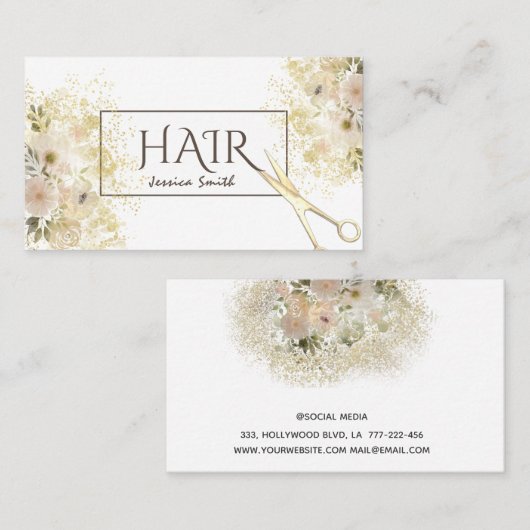 ボーホグラム水彩フローラ金ゴールドパティーナハサミ 名刺 (正面/裏面)