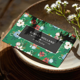 ボーホグリーンブルーコーラルフローラルパターン 名刺