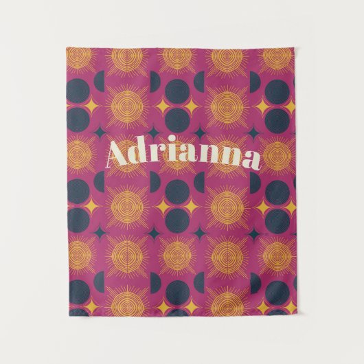 ボーホサンムーンスターズピンクブルーイエロー タペストリー (正面)