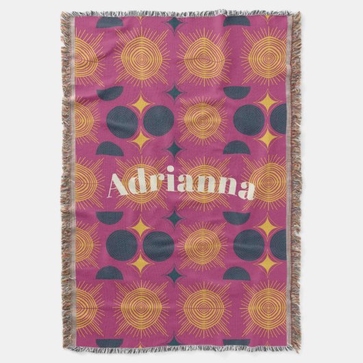 ボーホサンムーンスターピンク青パーソナライズされた黄 スローブランケット (正面縦)