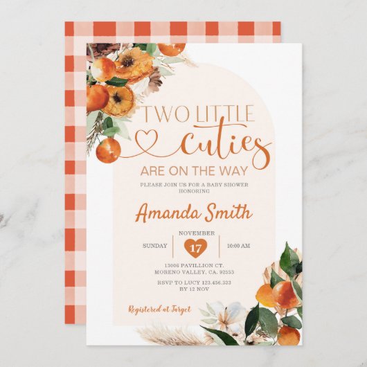 ボーホシトラスオレンジ二つの小さなかわいこちゃんが途中にある 招待状 (正面/裏面)