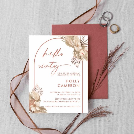 ボーホテラコッタ アーチ パンパス グラス 60歳の誕生日 招待状