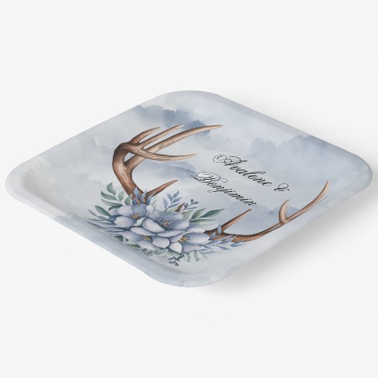 ボーホディアアントラーブルー花模様結婚ズ ペーパープレート (傾斜あり)