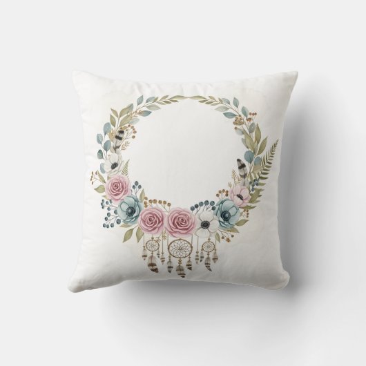 ボーホドリームキャッチャー フラワー リース 水彩画 クッション (裏面)