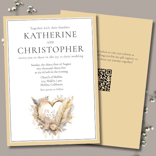 ボーホニュートラルフローラ羽ハート結婚リース 招待状