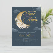 ボーホネイビー青い金ゴールドフォイル月の上にベビー 招待状 (スタンド正面)