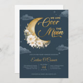 ボーホネイビー青い金ゴールドフォイル月の上にベビー 招待状 (正面/裏面)