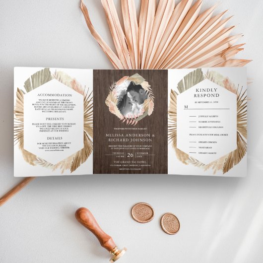 ボーホパンパリースドライパームウッド3 結婚 in 1's 三つ折り招待状