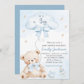 ボーホブルーかわいいテディベア赤ちゃんシャワー 招待状 (正面/裏面)