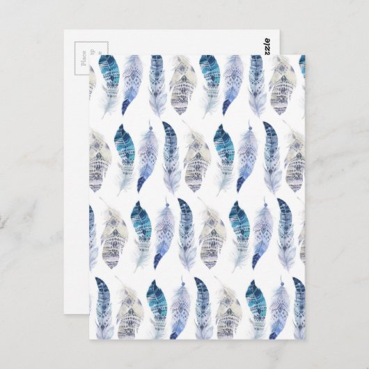 ボーホブルーウォーターカラーフェザーオーバープリント ポストカード (正面/裏面)