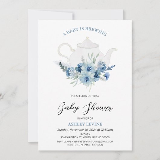 ボーホブルーフローラ茶ベビーが赤ちゃんシャワーを醸造している 招待状 (正面)