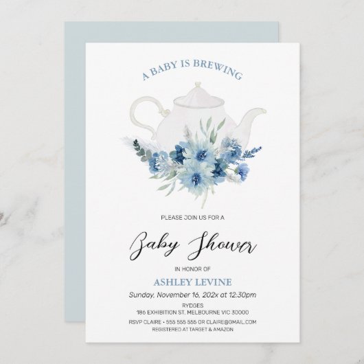 ボーホブルーフローラ茶ベビーが赤ちゃんシャワーを醸造している 招待状 (正面/裏面)