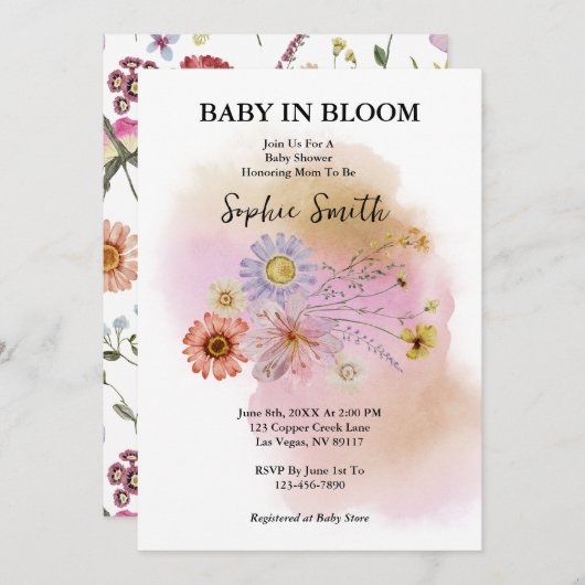 ボーホベイビー 咲き誇る 野の花 水彩画 招待状 (正面/裏面)