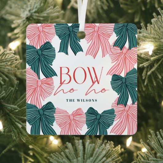 ボーホホレッドグリーン弓フォトクリスマスホリデー メタルオーナメント (インサイチュ)