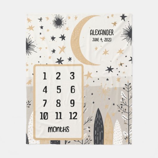 ボーホムーンアンドスターズパーソナライズされたベビーマイルストーン フリースブランケット (正面)