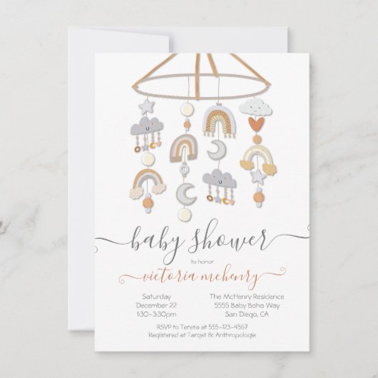 ボーホムーンスターズ虹の雲モバイル赤ちゃんシャワー 招待状 (正面)